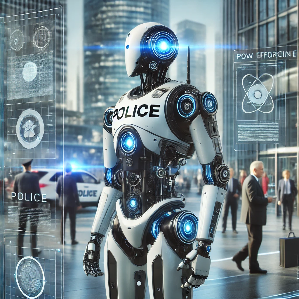 a futuristic scene featuring a police ai robot. the robot has a sleek, authoritative design with elements like a police badge, uniform details, and advanced technology integrated into its structure. the robot is standing in a modern cityscape, engaging in law enforcement activities such as patrolling, scanning for threats, or interacting with citizens. the atmosphere is high-tech and secure, emphasizing the role of advanced ai in maintaining public safety and order.